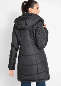 bonprix Bekleidung·Hosen|Jacken & Mäntel|Long-Steppjacke, wattiert mit Kragen und Kapuze schwarz