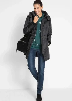 bonprix Bekleidung·Hosen|Jacken & Mäntel|Long-Steppjacke, wattiert mit Kragen und Kapuze schwarz