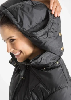 bonprix Bekleidung·Hosen|Jacken & Mäntel|Long-Steppjacke, wattiert mit Kragen und Kapuze schwarz