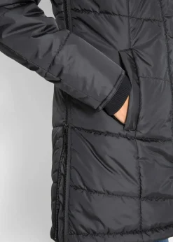 bonprix Bekleidung·Hosen|Jacken & Mäntel|Long-Steppjacke, wattiert mit Kragen und Kapuze schwarz