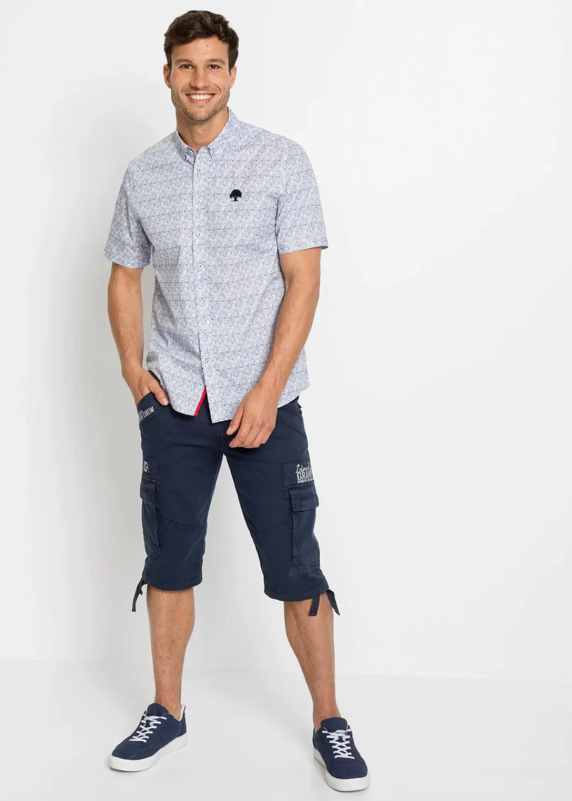 bonprix Hosen|Shorts|Long-Stretch-Bermuda mit Cargotaschen, Regular Fit dunkelblau bedruckt