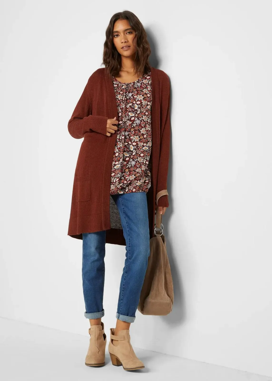 bonprix Bekleidung·Röcke|Bekleidung·Jeans|Longstrickjacke, Langarm mahagonibraun