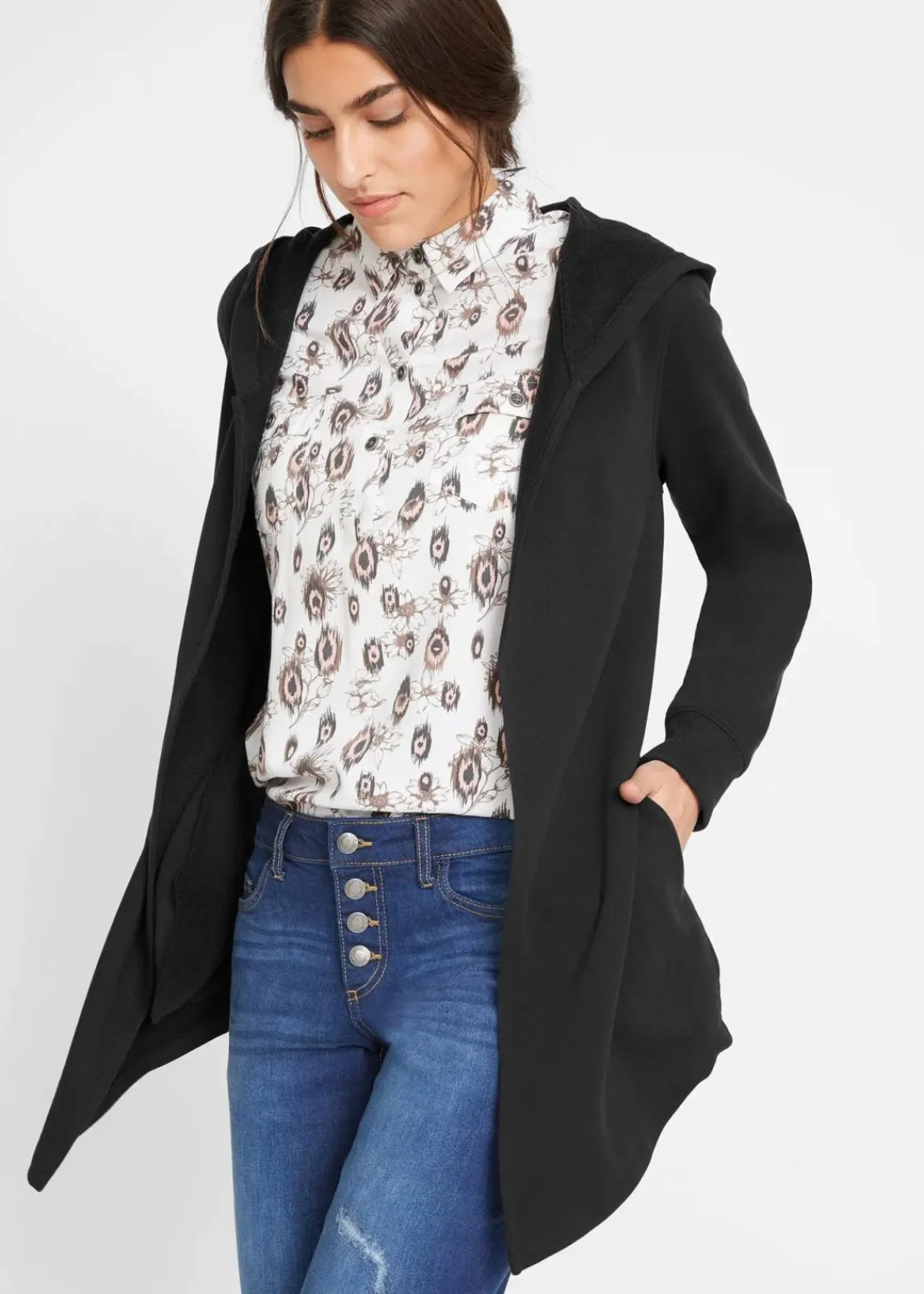 bonprix Bekleidung·Blusen & Tuniken|Sweat|Long-Sweatjacke aus Baumwoll-Mix schwarz