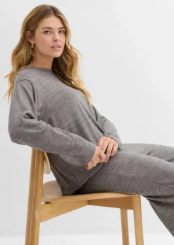 bonprix Sweat|Zweiteiler & Sets|Long-Sweatshirt in Strickoptik anthrazit meliert
