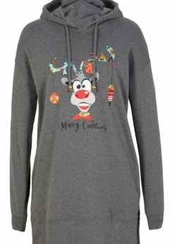 bonprix Bekleidung·Blusen & Tuniken|Sweat|Long-Sweatshirt mit Seitenschlitz und Kapuze grau meliert