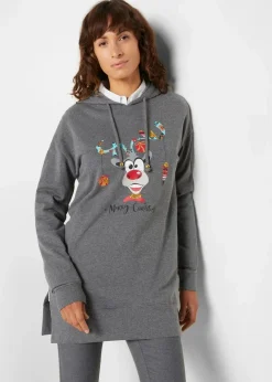 bonprix Bekleidung·Blusen & Tuniken|Sweat|Long-Sweatshirt mit Seitenschlitz und Kapuze grau meliert