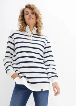 bonprix Sweat|Bekleidung·Blusen & Tuniken|Longsweatshirt mit Troyer-Kragen wollweiß gestreift