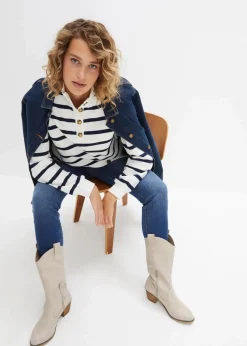 bonprix Sweat|Bekleidung·Blusen & Tuniken|Longsweatshirt mit Troyer-Kragen wollweiß gestreift