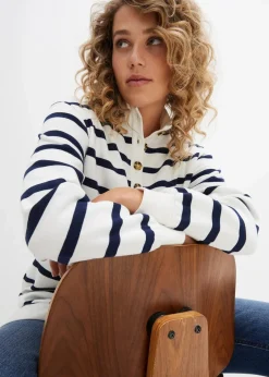 bonprix Sweat|Bekleidung·Blusen & Tuniken|Longsweatshirt mit Troyer-Kragen wollweiß gestreift