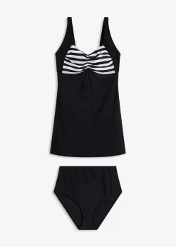 bonprix Nachhaltigere Materialien|Bedeckende Bademode|Long-Tankini (2-tlg. Set) mit Highwaist-Bikinihose schwarz/weiß