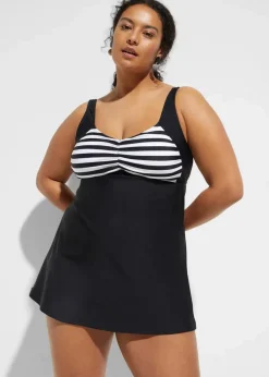 bonprix Nachhaltigere Materialien|Bedeckende Bademode|Long-Tankini (2-tlg. Set) mit Highwaist-Bikinihose schwarz/weiß