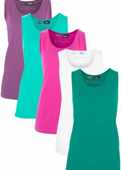 bonprix Shirts & Tops|Basics|Long-Top aus reiner Baumwolle (5er Pack) smaragd + weinbeere + mittelfuchsia + weiß + minzegrün