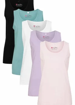 bonprix Shirts & Tops|Basics|Long-Top aus reiner Baumwolle (5er Pack) hellviolett + rauchsalbei + kristallrosa + schwarz + weiß