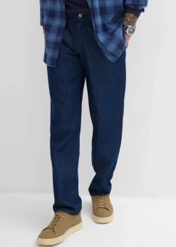 bonprix Große Größen|Jeans|Loose Fit Jeans mit Bundfalten, Straight tiefblau denim ungewaschen