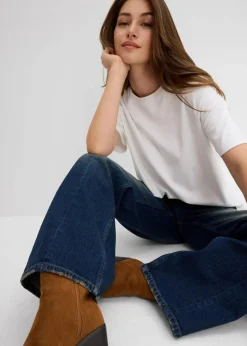 bonprix Bekleidung·Shirts & Tops|Jeans|Loose Straight-Jeans High Waist, Low Stretch dunkelblau denim used