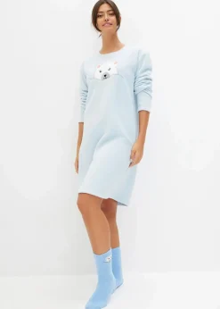 bonprix Wäsche·Homewear|Bekleidung·Strickmode|Loungewear Fleece Nachthemd mit Applikation puderblau