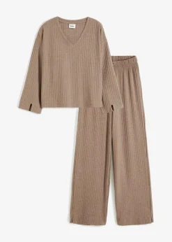 bonprix Wäsche·Homewear|Wäsche·Nachtwäsche|Loungewear Hausanzug mit weitem Bein aus weicher Rippe taupe