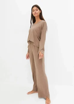bonprix Wäsche·Homewear|Wäsche·Nachtwäsche|Loungewear Hausanzug mit weitem Bein aus weicher Rippe taupe