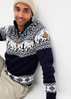 bonprix Große Größen|Pullover & Strickjacken|Maritimer Norweger-Troyer dunkelblau