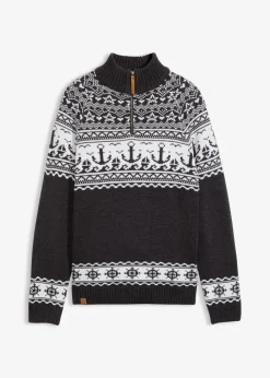 bonprix Pullover & Strickjacken|Große Größen|Maritimer Norweger-Troyer anthrazit meliert/weiß norwegermuster