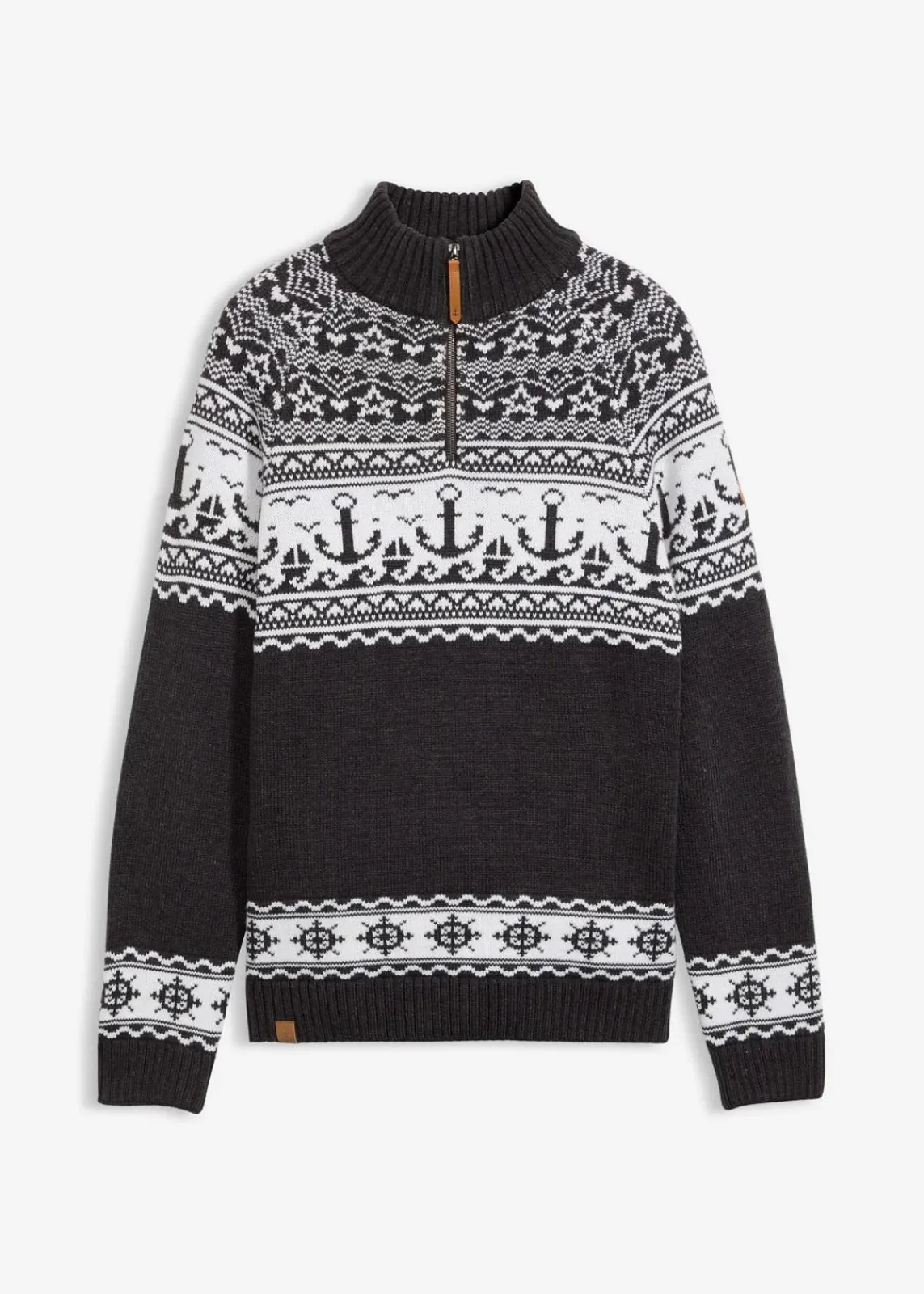 bonprix Pullover & Strickjacken|Große Größen|Maritimer Norweger-Troyer anthrazit meliert/weiß norwegermuster