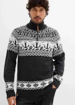 bonprix Pullover & Strickjacken|Große Größen|Maritimer Norweger-Troyer anthrazit meliert/weiß norwegermuster