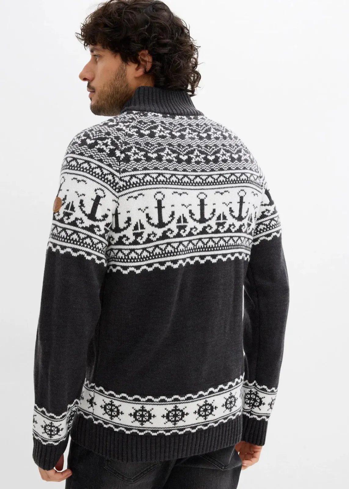 bonprix Pullover & Strickjacken|Große Größen|Maritimer Norweger-Troyer anthrazit meliert/weiß norwegermuster