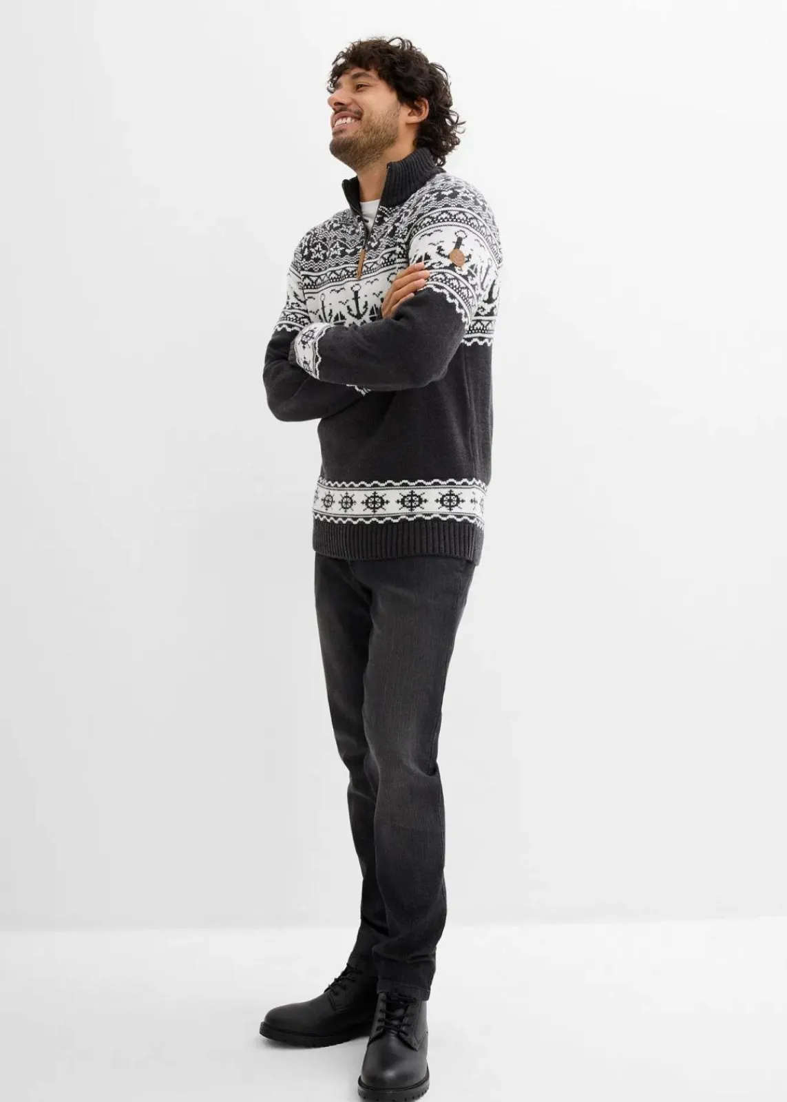 bonprix Pullover & Strickjacken|Große Größen|Maritimer Norweger-Troyer anthrazit meliert/weiß norwegermuster