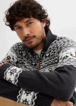 bonprix Pullover & Strickjacken|Große Größen|Maritimer Norweger-Troyer anthrazit meliert/weiß norwegermuster