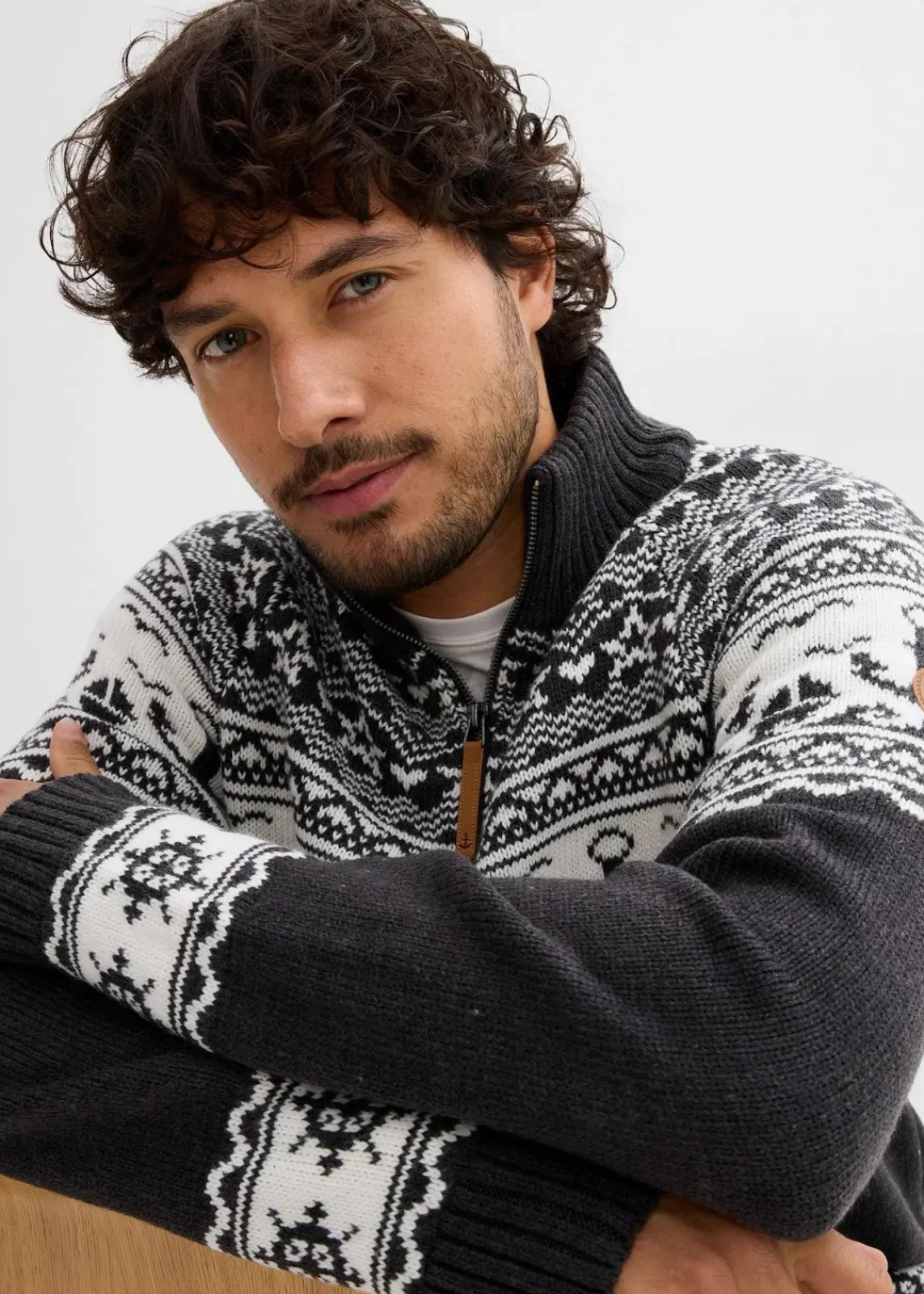 bonprix Pullover & Strickjacken|Große Größen|Maritimer Norweger-Troyer anthrazit meliert/weiß norwegermuster