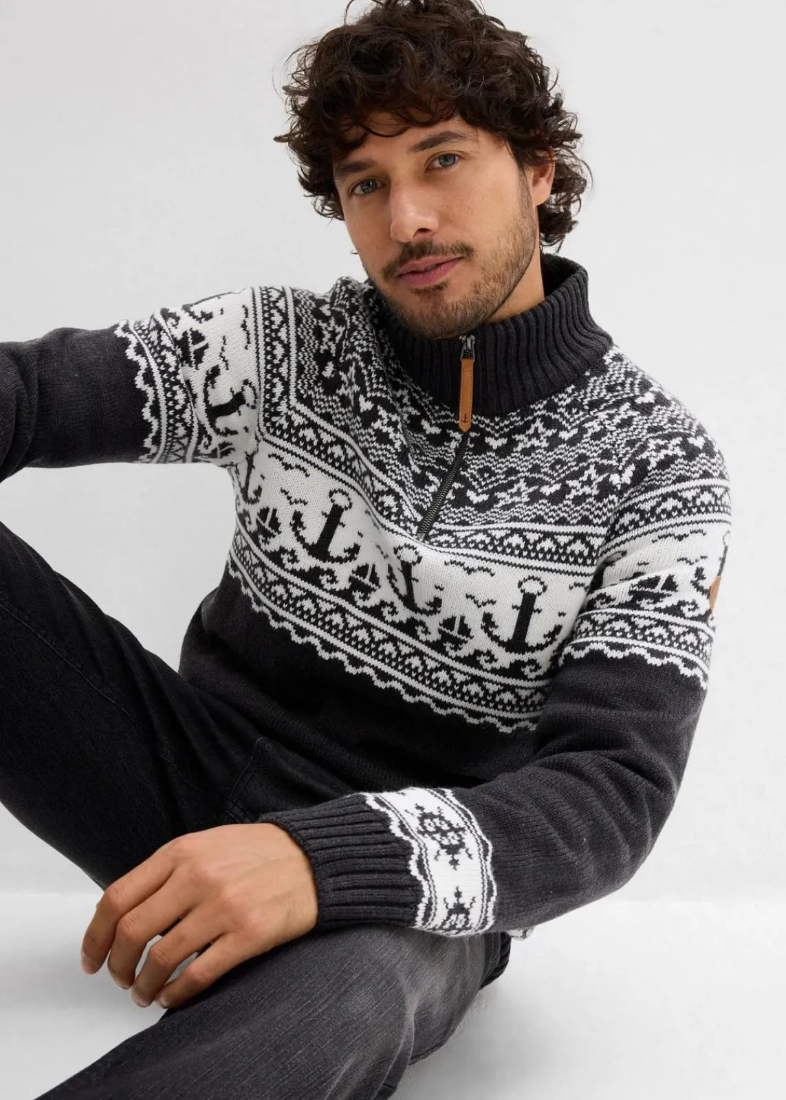 bonprix Pullover & Strickjacken|Große Größen|Maritimer Norweger-Troyer anthrazit meliert/weiß norwegermuster