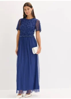 bonprix Bekleidung·Pullover & Strickjacken|Festliche Mode|Maxikleid aus feinem Tüll mit Paillettenstickerei mitternachtsblau