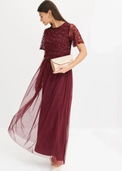 bonprix Kleider|Festliche Mode|Maxikleid aus feinem Tüll mit Paillettenstickerei dunkelrot