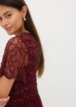 bonprix Kleider|Festliche Mode|Maxikleid aus feinem Tüll mit Paillettenstickerei dunkelrot