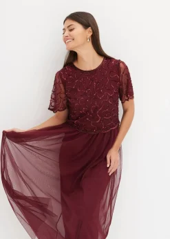 bonprix Kleider|Festliche Mode|Maxikleid aus feinem Tüll mit Paillettenstickerei dunkelrot