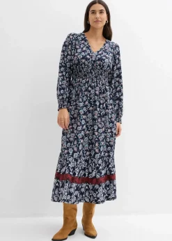 bonprix Bekleidung·Pullover & Strickjacken|Kleider|Maxikleid aus fließender Viskose dunkelblau/wollweiß/kastanienrot/meerestürkis/schwarz bedruckt