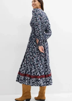 bonprix Bekleidung·Pullover & Strickjacken|Kleider|Maxikleid aus fließender Viskose dunkelblau/wollweiß/kastanienrot/meerestürkis/schwarz bedruckt