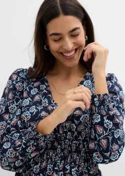 bonprix Bekleidung·Pullover & Strickjacken|Kleider|Maxikleid aus fließender Viskose dunkelblau/wollweiß/kastanienrot/meerestürkis/schwarz bedruckt