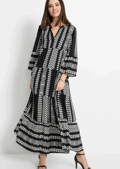bonprix Nachhaltigere Materialien|Kleider|Maxikleid aus fließender Viskose schwarz/wollweiß graphisch bedruckt