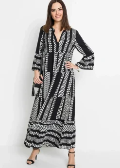 bonprix Nachhaltigere Materialien|Kleider|Maxikleid aus fließender Viskose schwarz/wollweiß graphisch bedruckt