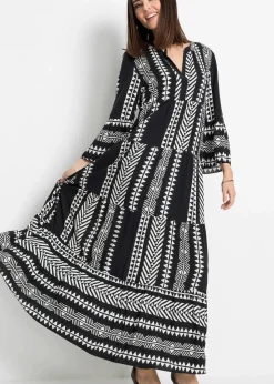 bonprix Nachhaltigere Materialien|Kleider|Maxikleid aus fließender Viskose schwarz/wollweiß graphisch bedruckt