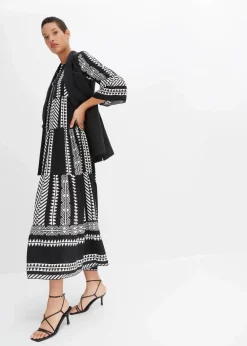 bonprix Nachhaltigere Materialien|Kleider|Maxikleid aus fließender Viskose schwarz/wollweiß graphisch bedruckt