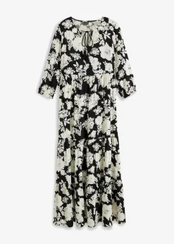 bonprix Bekleidung·Pullover & Strickjacken|Kleider|Maxikleid aus fließender Viskose schwarz/creme geblümt