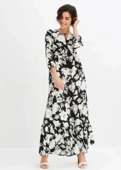 bonprix Bekleidung·Pullover & Strickjacken|Kleider|Maxikleid aus fließender Viskose schwarz/creme geblümt