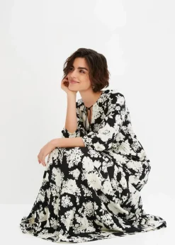 bonprix Bekleidung·Pullover & Strickjacken|Kleider|Maxikleid aus fließender Viskose schwarz/creme geblümt