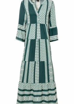 bonprix Bekleidung·Pullover & Strickjacken|Kleider|Maxikleid aus fließender Viskose petrolgrün/beige graphisch bedruckt