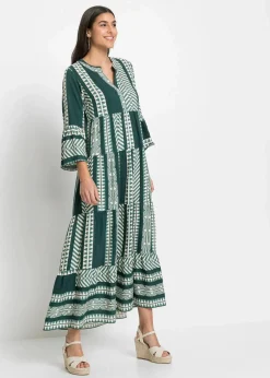 bonprix Bekleidung·Pullover & Strickjacken|Kleider|Maxikleid aus fließender Viskose petrolgrün/beige graphisch bedruckt
