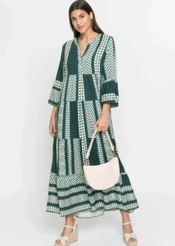 bonprix Bekleidung·Pullover & Strickjacken|Kleider|Maxikleid aus fließender Viskose petrolgrün/beige graphisch bedruckt