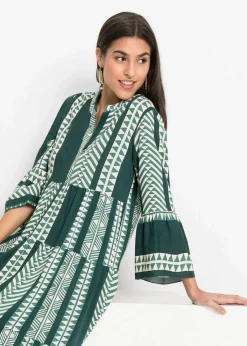bonprix Bekleidung·Pullover & Strickjacken|Kleider|Maxikleid aus fließender Viskose petrolgrün/beige graphisch bedruckt