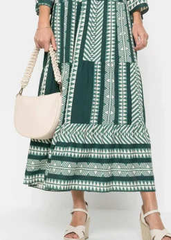bonprix Bekleidung·Pullover & Strickjacken|Kleider|Maxikleid aus fließender Viskose petrolgrün/beige graphisch bedruckt
